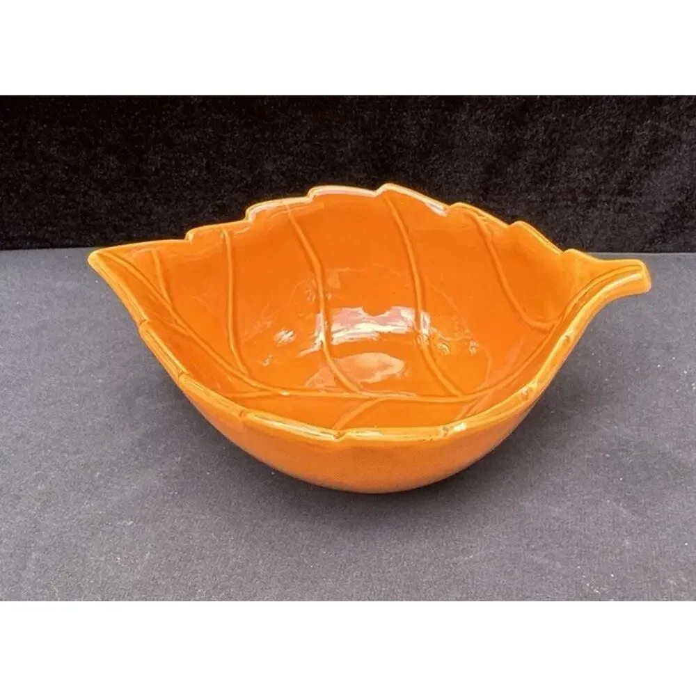 Vintage Gift Craft Fall Thanksgiving Orange Leaf Shape Bowl -C15